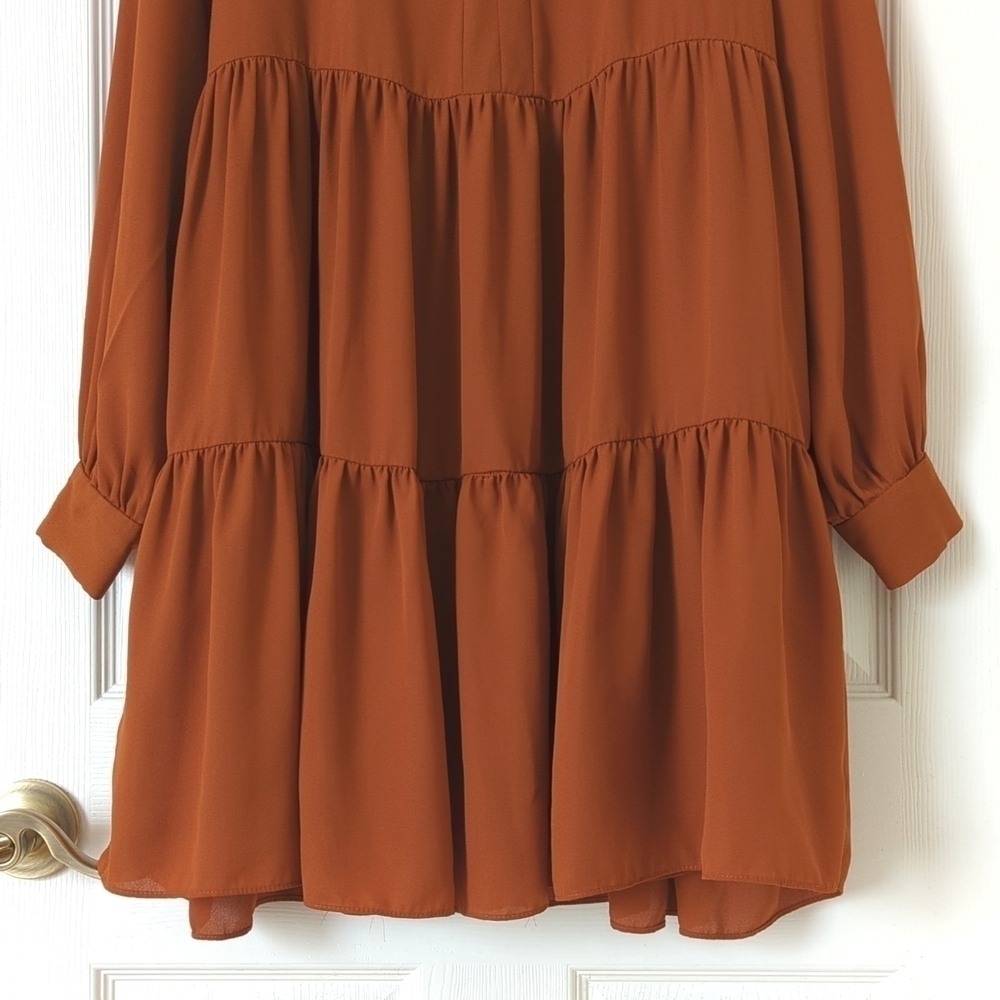 Sam and Jess Ruffle Tiered Long Sleeve V-neck Mini Babydoll Swing Dress Rust S - Picture 7 of 13